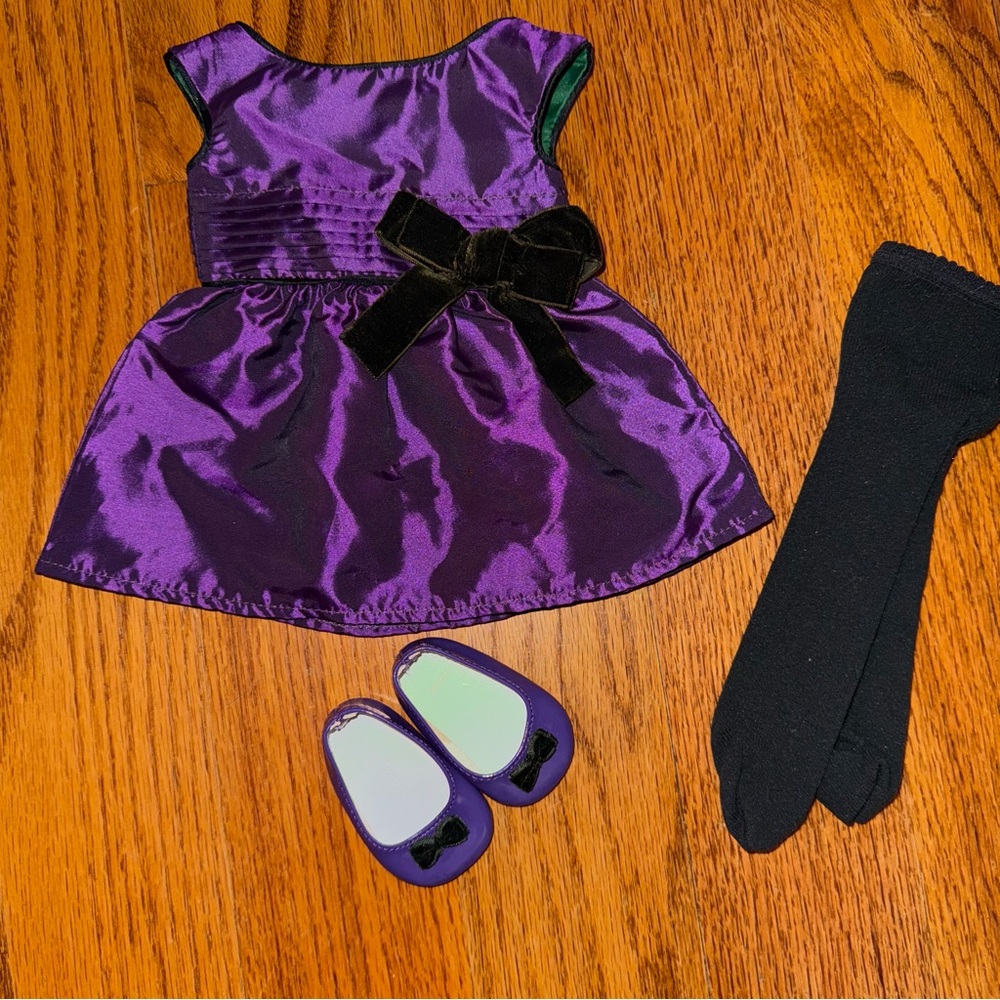 American Girl doll Purple Satin Dress with Black Bow and Accessories